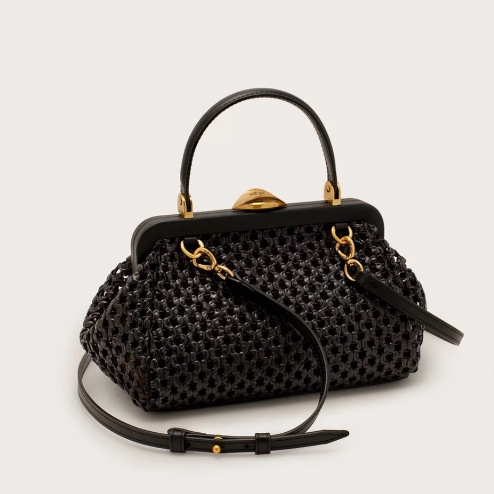 cult gaia Black Woven Leather Top-Handle Crossbody Bag